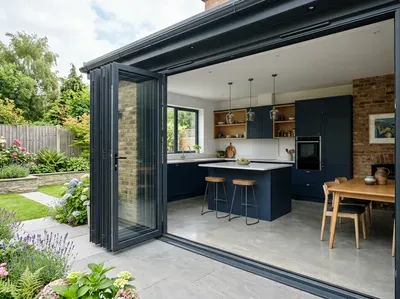 Dark aluminium bifold doors opening to a kitchen