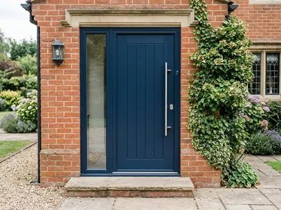 Deep blue entrance door with sidelight
