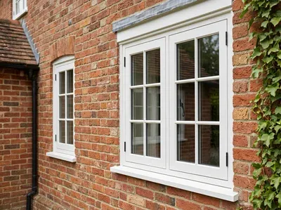 White flush casement windows on a brick house