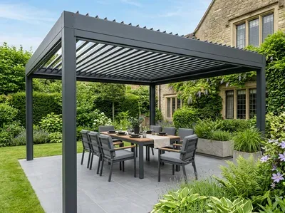 Aluminium pergola over a garden dining set