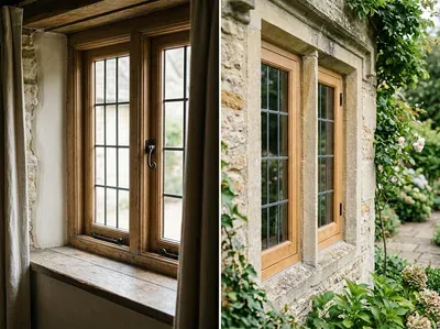 Oak timber windows in a stone surround