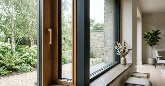 Timber and aluminium clad window overlooking a garden