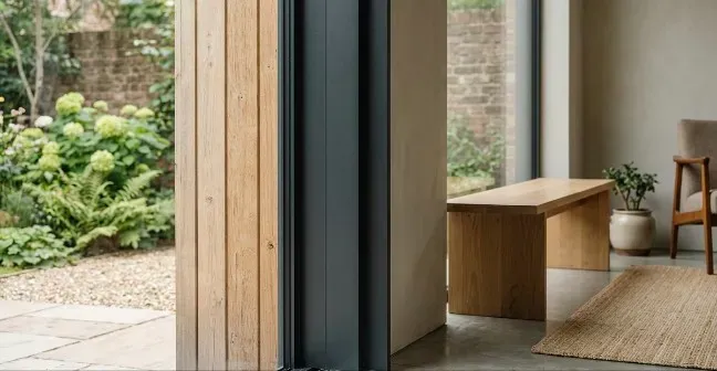 Slim aluminium frame opening onto a garden