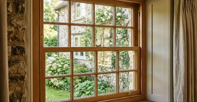 Traditional timber window in a stone home