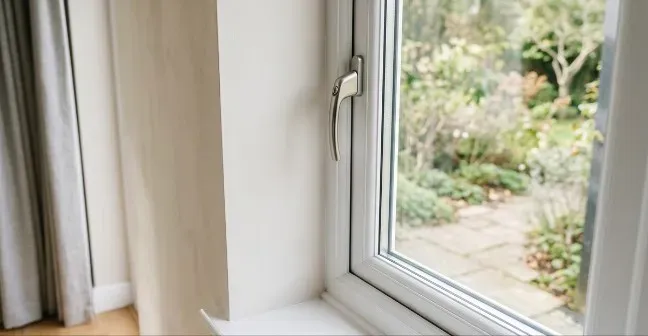 White uPVC window overlooking a garden