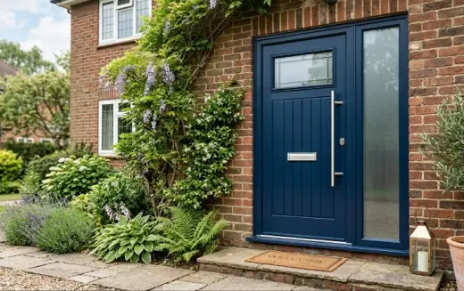 Deep blue composite entrance door on a brick house