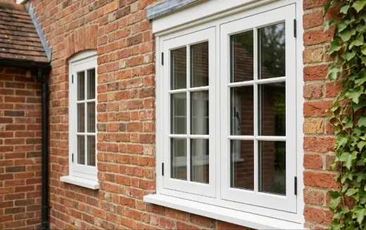White flush casement windows on a brick house