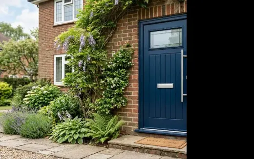 Deep blue composite entrance door with a glazed side panel