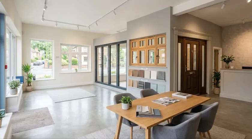 Windows4You showroom with sample windows, a timber table and a display door